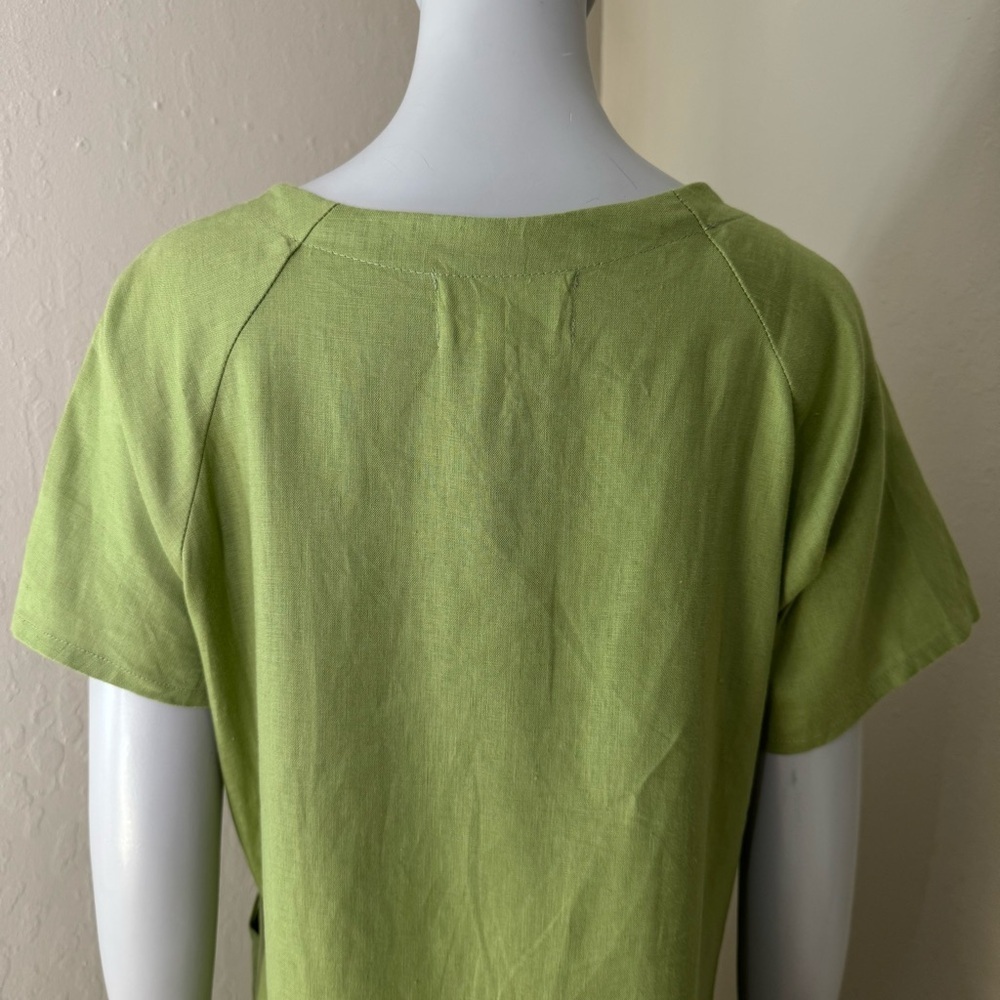 LAZYBONES 100% Linen Short Sleeve Green Midi Dress Drawstring Neck Size XS/S - Picture 10 of 12